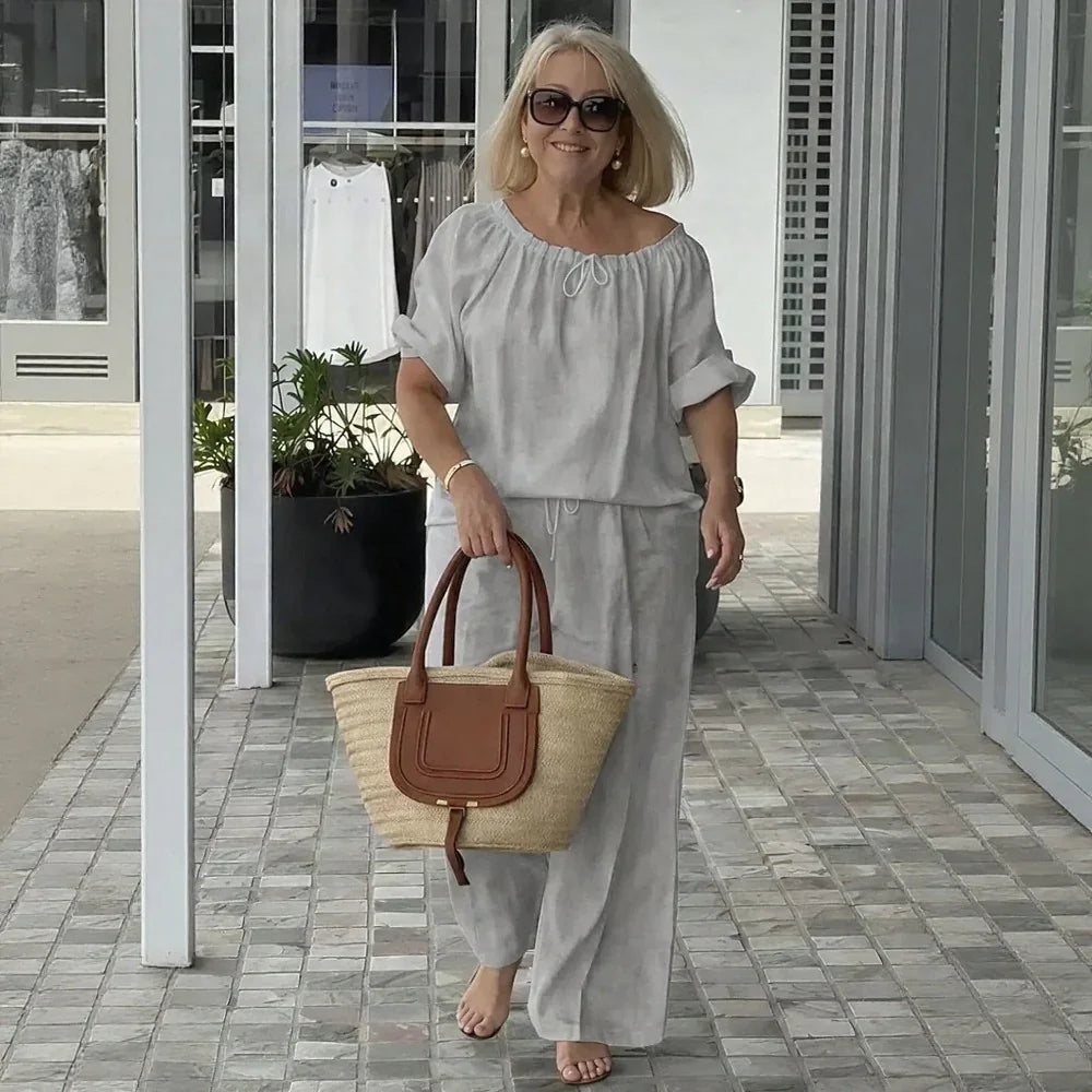 Women's Cotton Linen Two Piece Set Loose Fit Relaxed Top High Waist Pants Casual Summer Beach Vacation Lounge Outfit - Seldom Seen Styles
