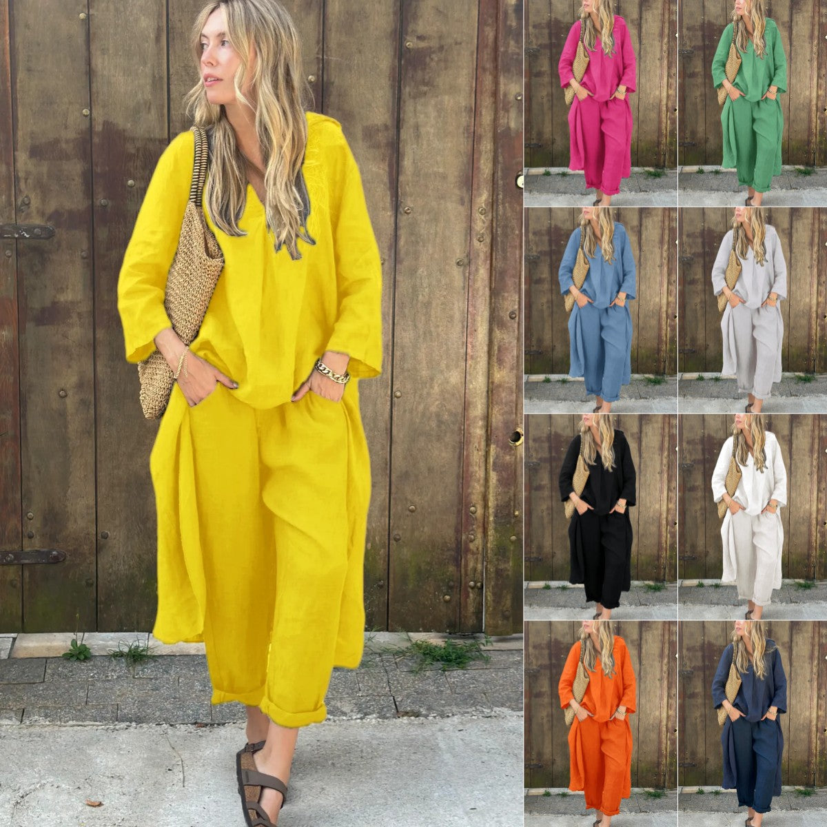 Women's Cotton Linen Two Piece Set Loose Long Sleeve Tunic Top & Wide Leg Pants Casual Matching Outfit - Seldom Seen Styles