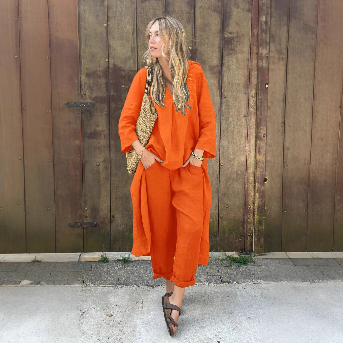 Women's Cotton Linen Two Piece Set Loose Long Sleeve Tunic Top & Wide Leg Pants Casual Matching Outfit - Seldom Seen Styles