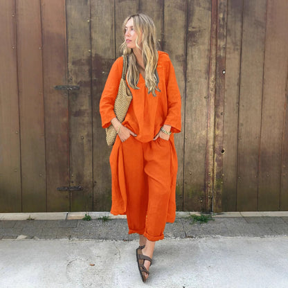 Women's Cotton Linen Two Piece Set Loose Long Sleeve Tunic Top & Wide Leg Pants Casual Matching Outfit