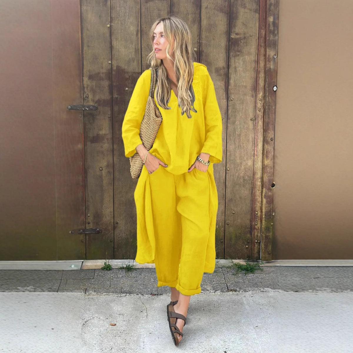 Women's Cotton Linen Two Piece Set Loose Long Sleeve Tunic Top & Wide Leg Pants Casual Matching Outfit - Seldom Seen Styles