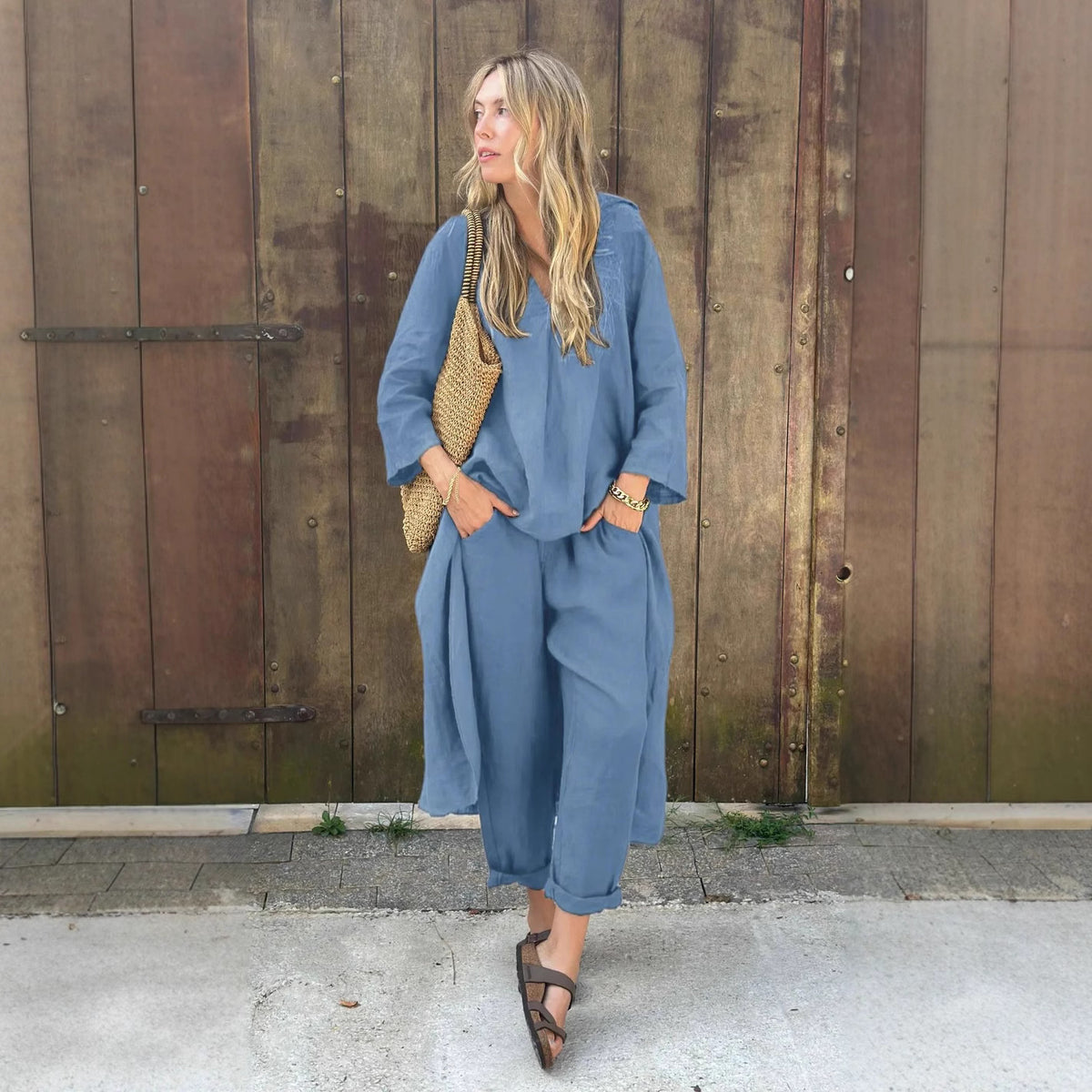 Women's Cotton Linen Two Piece Set Loose Long Sleeve Tunic Top & Wide Leg Pants Casual Matching Outfit - Seldom Seen Styles