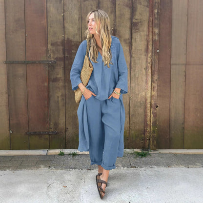 Women's Cotton Linen Two Piece Set Loose Long Sleeve Tunic Top & Wide Leg Pants Casual Matching Outfit