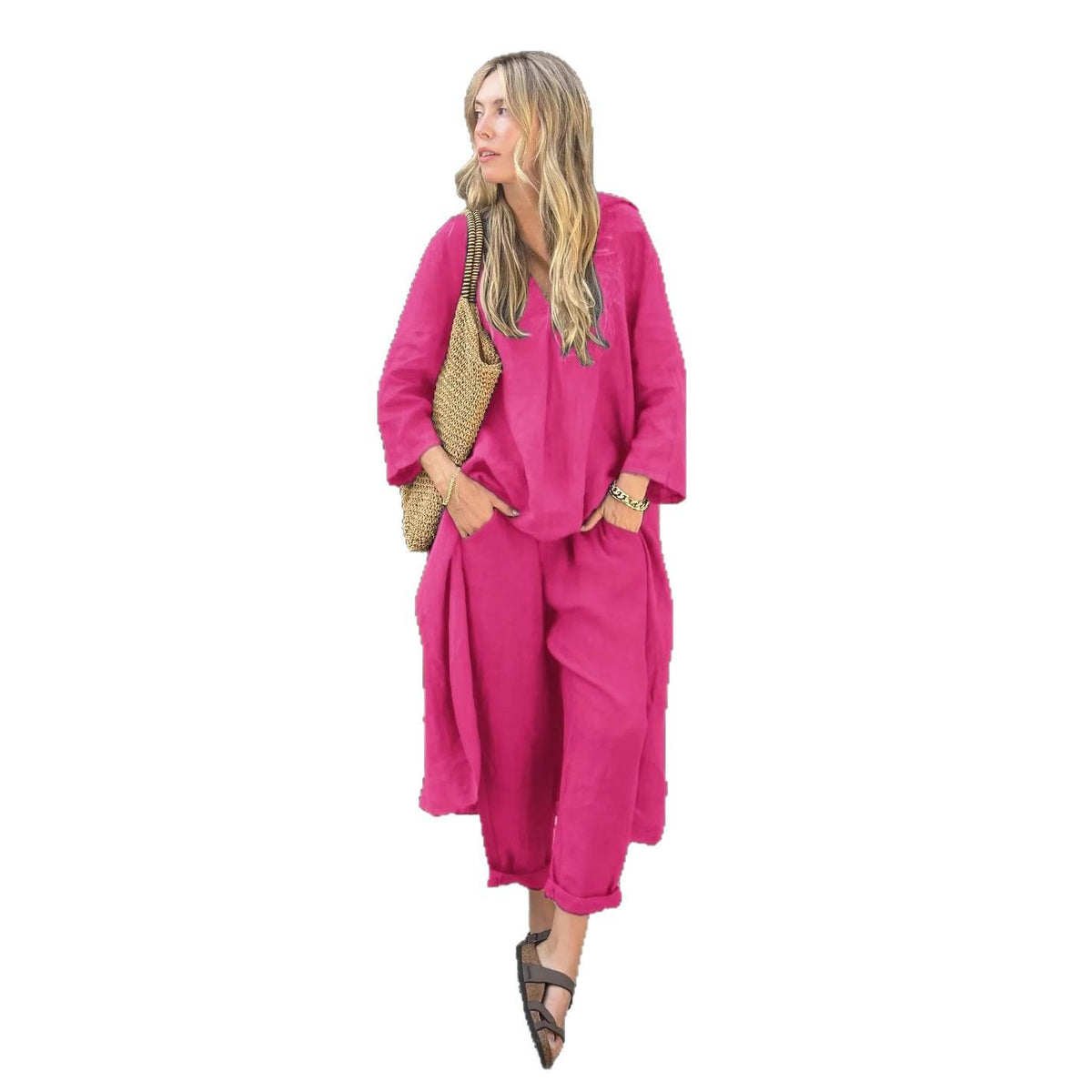 Women's Cotton Linen Two Piece Set Loose Long Sleeve Tunic Top & Wide Leg Pants Casual Matching Outfit - Seldom Seen Styles