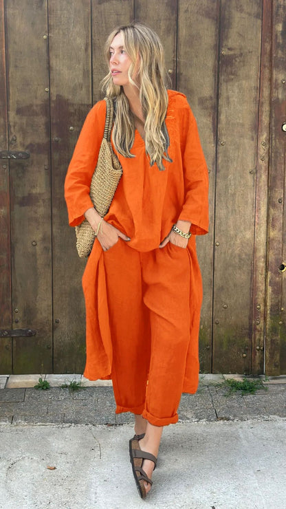 Women's Cotton Linen Two Piece Set Loose Long Sleeve Tunic Top & Wide Leg Pants Casual Matching Outfit