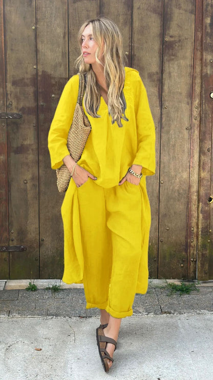 Women's Cotton Linen Two Piece Set Loose Long Sleeve Tunic Top & Wide Leg Pants Casual Matching Outfit