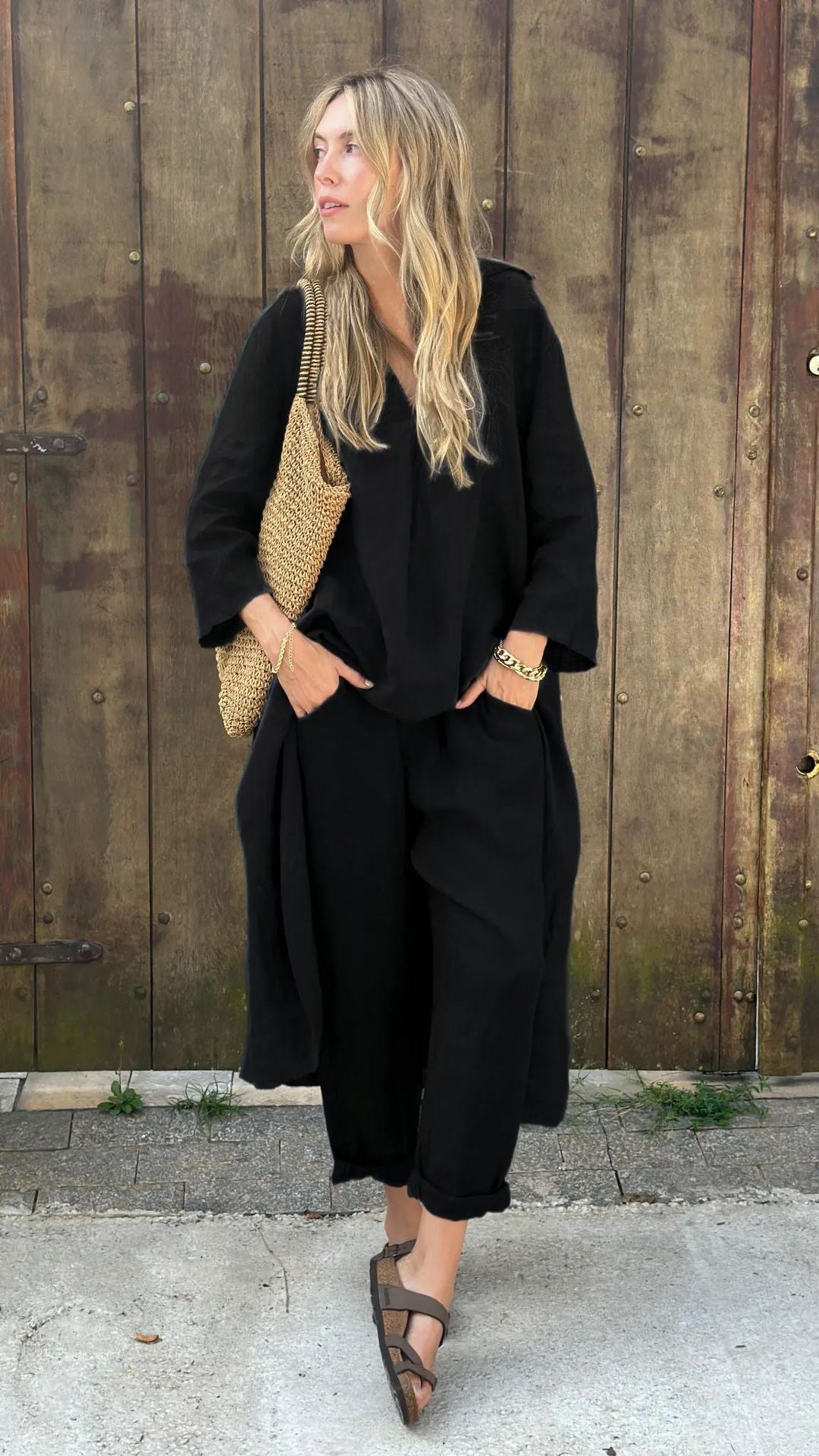 Women's Cotton Linen Two Piece Set Loose Long Sleeve Tunic Top & Wide Leg Pants Casual Matching Outfit - Seldom Seen Styles