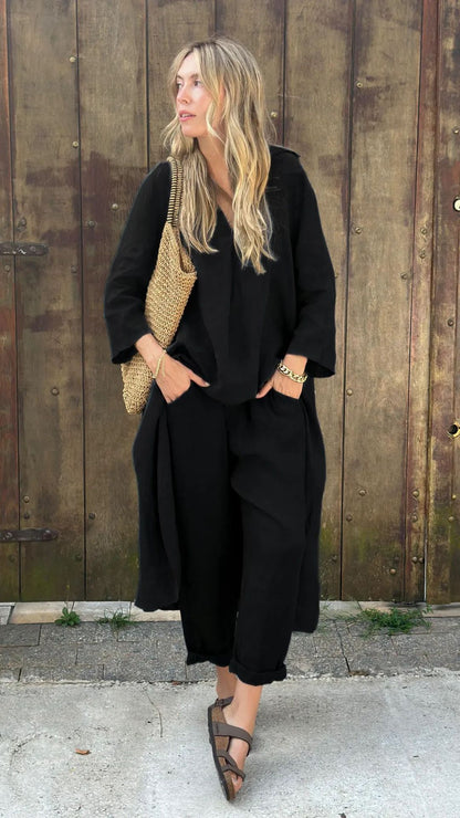 Women's Cotton Linen Two Piece Set Loose Long Sleeve Tunic Top & Wide Leg Pants Casual Matching Outfit