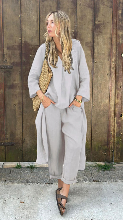 Women's Cotton Linen Two Piece Set Loose Long Sleeve Tunic Top & Wide Leg Pants Casual Matching Outfit