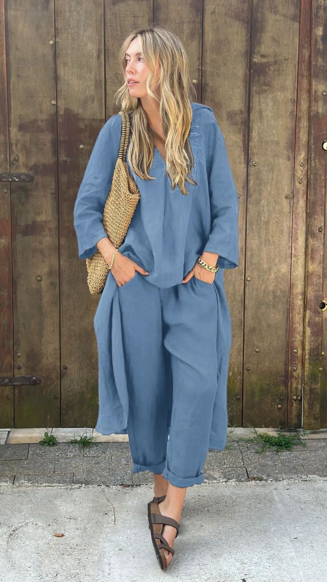 Women's Cotton Linen Two Piece Set Loose Long Sleeve Tunic Top & Wide Leg Pants Casual Matching Outfit - Seldom Seen Styles