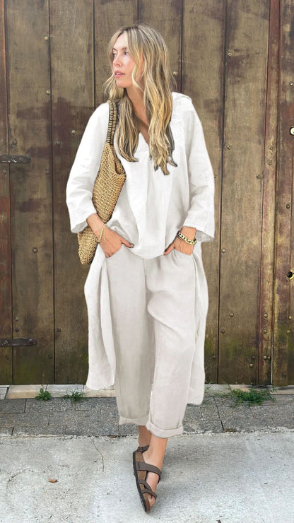 Women's Cotton Linen Two Piece Set Loose Long Sleeve Tunic Top & Wide Leg Pants Casual Matching Outfit