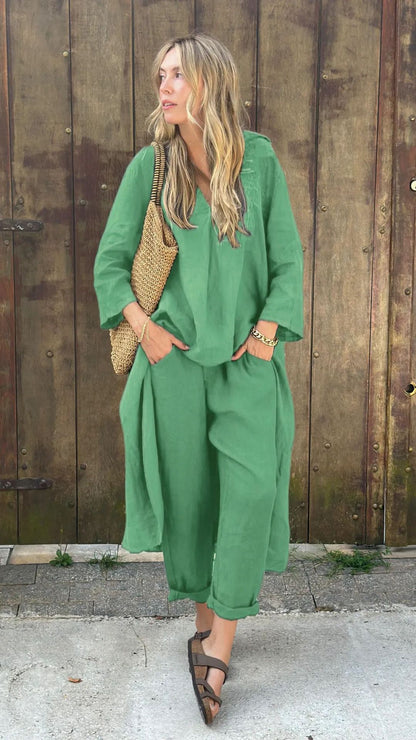 Women's Cotton Linen Two Piece Set Loose Long Sleeve Tunic Top & Wide Leg Pants Casual Matching Outfit