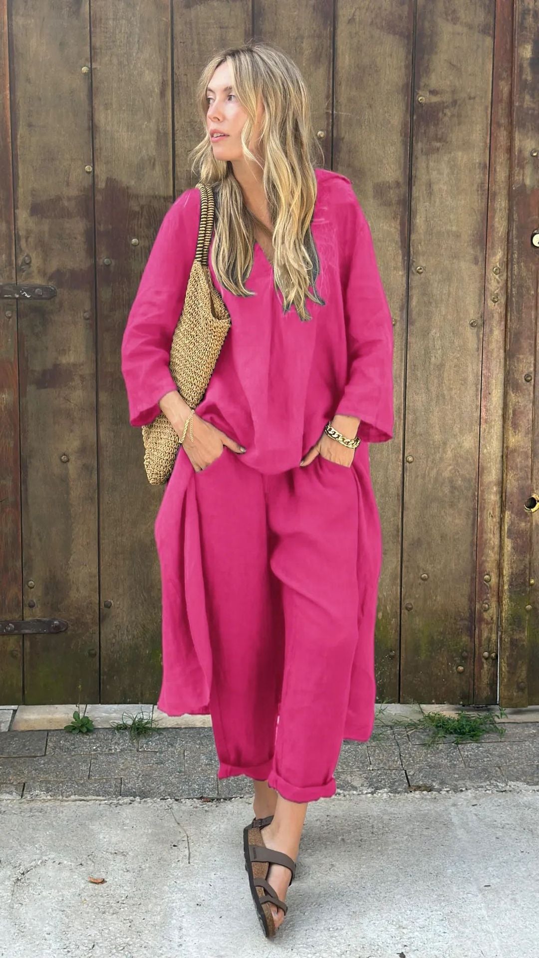 Women's Cotton Linen Two Piece Set Loose Long Sleeve Tunic Top & Wide Leg Pants Casual Matching Outfit - Seldom Seen Styles