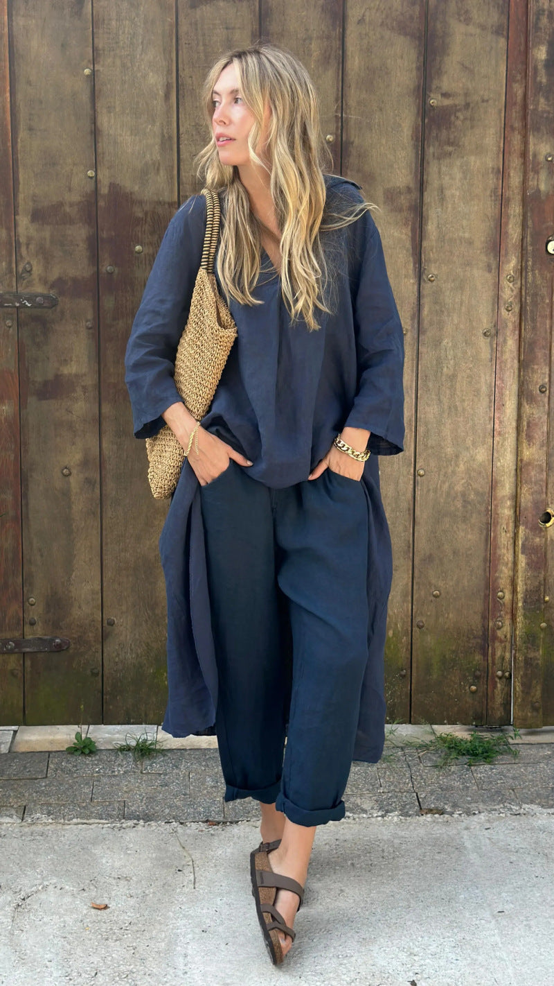 Women's Cotton Linen Two Piece Set Loose Long Sleeve Tunic Top & Wide Leg Pants Casual Matching Outfit - Seldom Seen Styles
