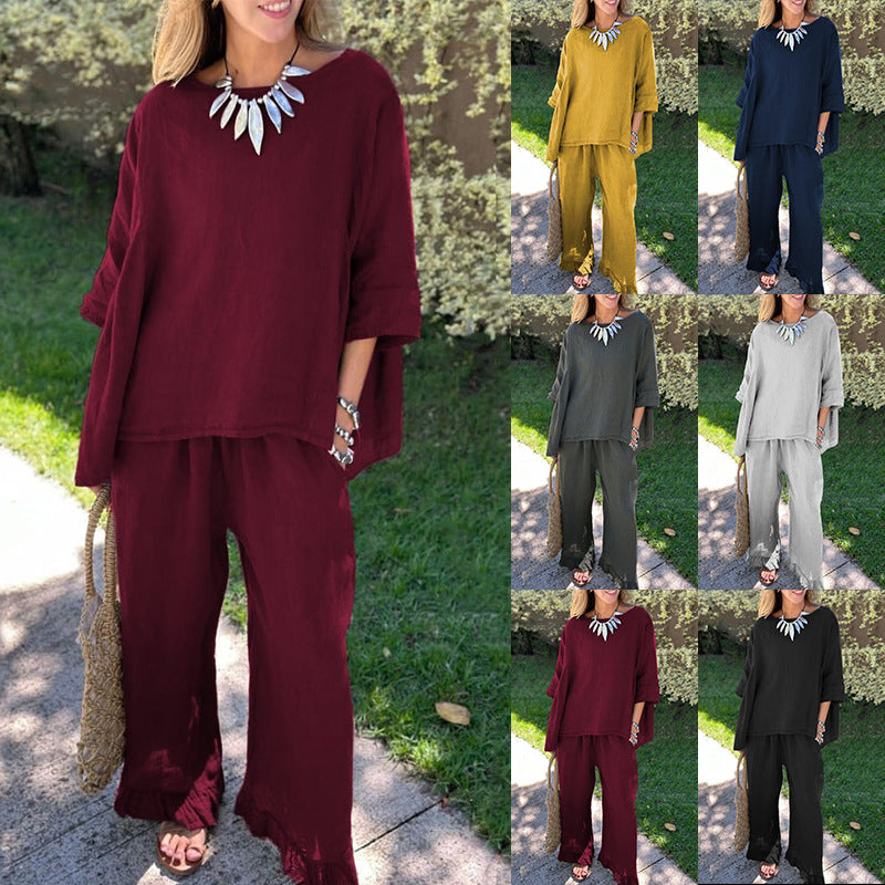 Women's Cotton Linen Two Piece Set Loose Oversized Top & Wide Leg Pants Casual Lounge Outfit - Seldom Seen Styles