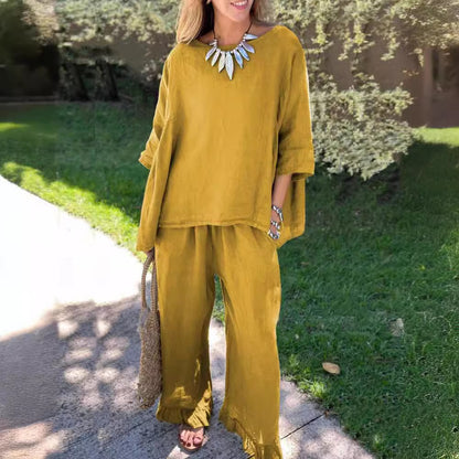 Women's Cotton Linen Two Piece Set Loose Oversized Top & Wide Leg Pants Casual Lounge Outfit