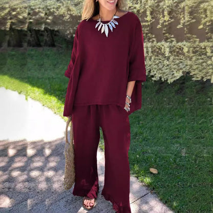 Women's Cotton Linen Two Piece Set Loose Oversized Top & Wide Leg Pants Casual Lounge Outfit
