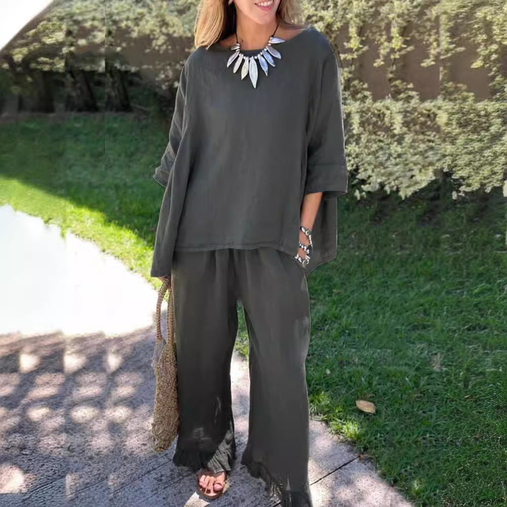 Women's Cotton Linen Two Piece Set Loose Oversized Top & Wide Leg Pants Casual Lounge Outfit - Seldom Seen Styles
