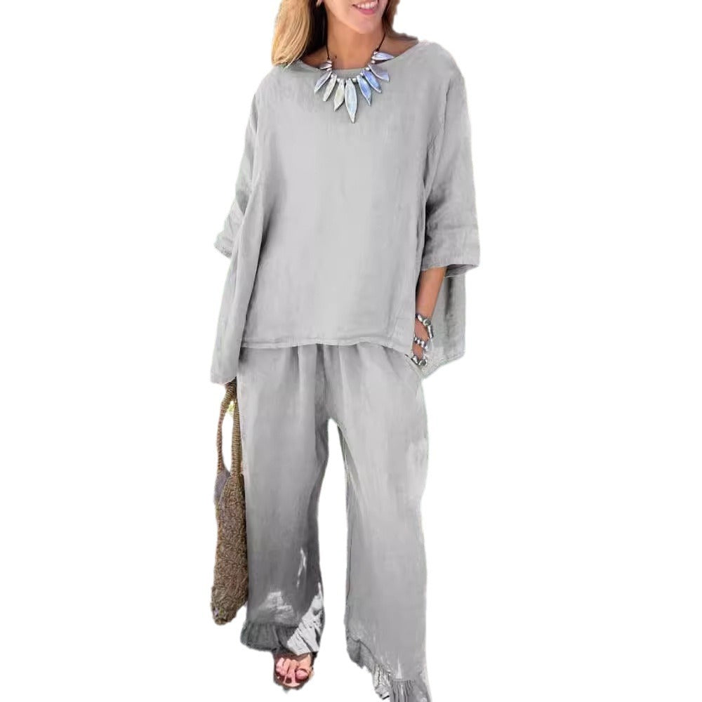 Women's Cotton Linen Two Piece Set Loose Oversized Top & Wide Leg Pants Casual Lounge Outfit - Seldom Seen Styles