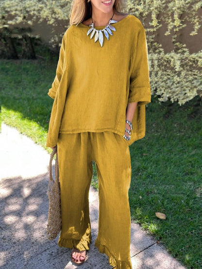 Women's Cotton Linen Two Piece Set Loose Oversized Top & Wide Leg Pants Casual Lounge Outfit