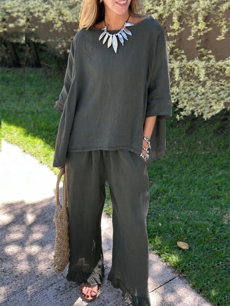 Women's Cotton Linen Two Piece Set Loose Oversized Top & Wide Leg Pants Casual Lounge Outfit - Seldom Seen Styles