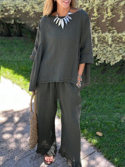 Women's Cotton Linen Two Piece Set Loose Oversized Top & Wide Leg Pants Casual Lounge Outfit