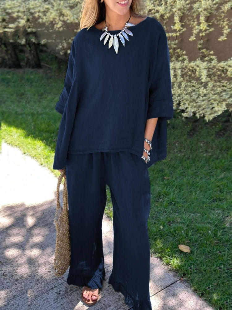 Women's Cotton Linen Two Piece Set Loose Oversized Top & Wide Leg Pants Casual Lounge Outfit - Seldom Seen Styles