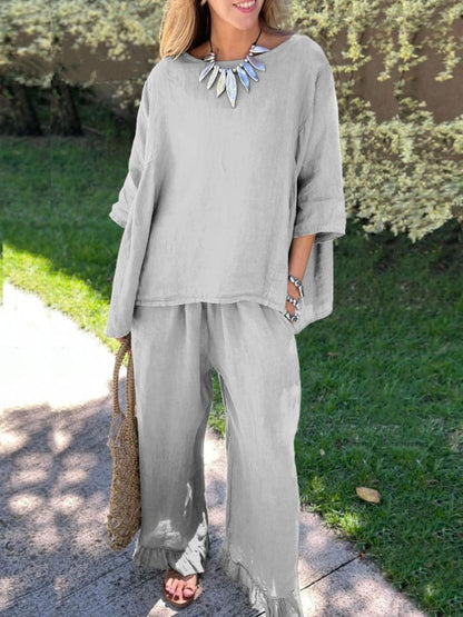 Women's Cotton Linen Two Piece Set Loose Oversized Top & Wide Leg Pants Casual Lounge Outfit