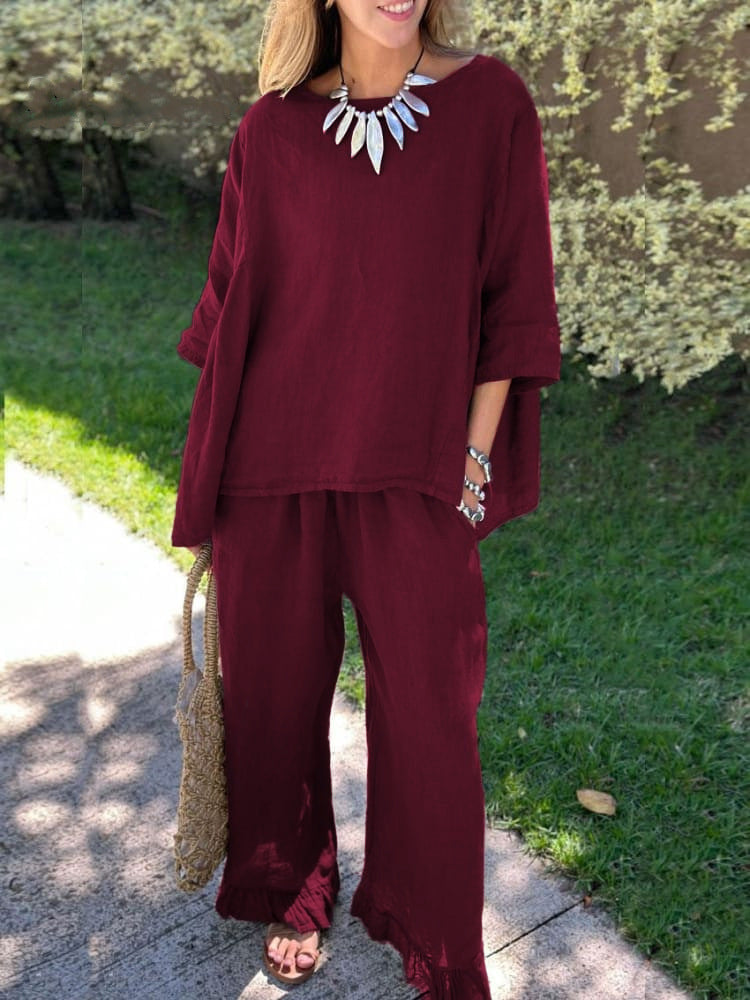 Women's Cotton Linen Two Piece Set Loose Oversized Top & Wide Leg Pants Casual Lounge Outfit - Seldom Seen Styles