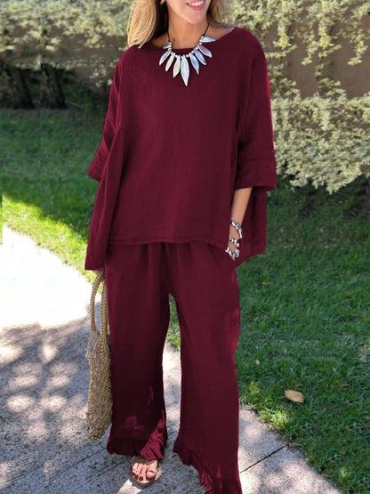 Women's Cotton Linen Two Piece Set Loose Oversized Top & Wide Leg Pants Casual Lounge Outfit
