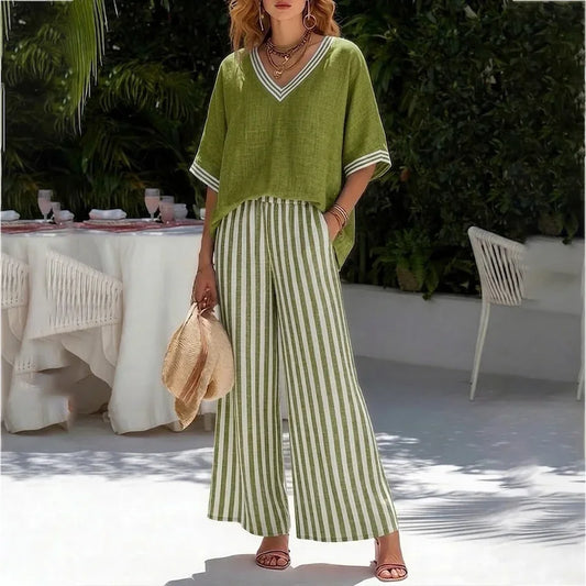 Women's Cotton Linen Two Piece Set Solid Top Striped Wide Leg Pants Contrast Casual Summer Beach Vacation Resort Outfit - Seldom Seen Styles