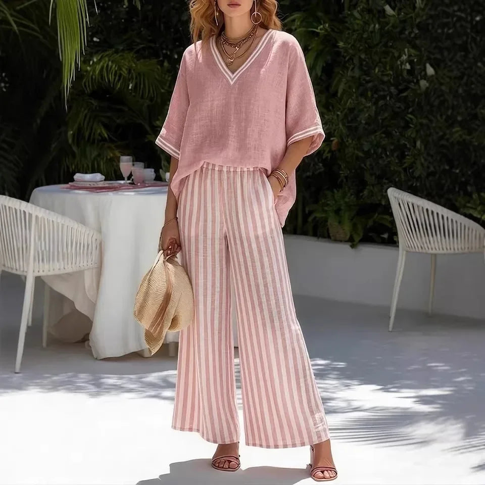 Women's Cotton Linen Two Piece Set Solid Top Striped Wide Leg Pants Contrast Casual Summer Beach Vacation Resort Outfit - Seldom Seen Styles