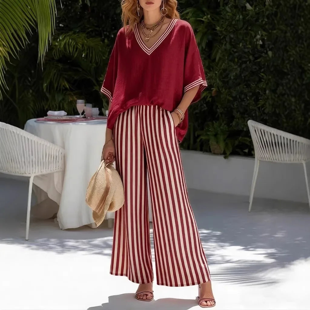 Women's Cotton Linen Two Piece Set Solid Top Striped Wide Leg Pants Contrast Casual Summer Beach Vacation Resort Outfit - Seldom Seen Styles