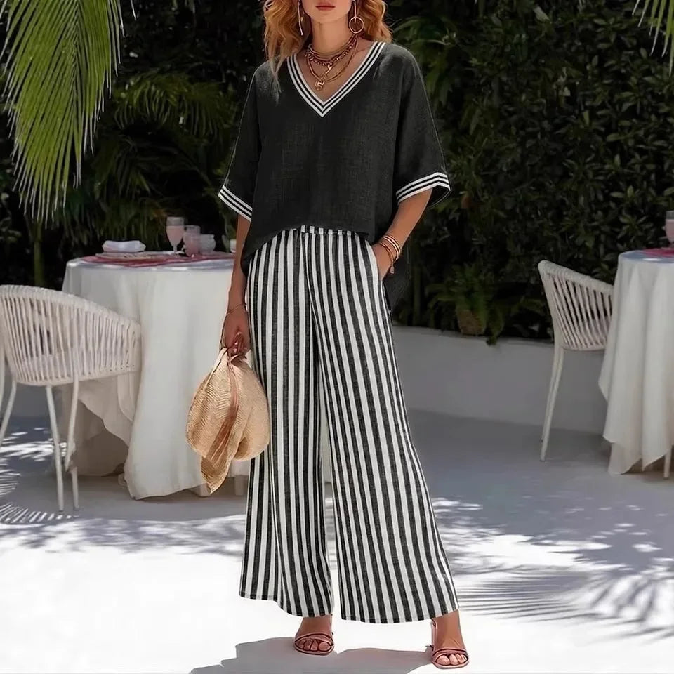 Women's Cotton Linen Two Piece Set Solid Top Striped Wide Leg Pants Contrast Casual Summer Beach Vacation Resort Outfit - Seldom Seen Styles