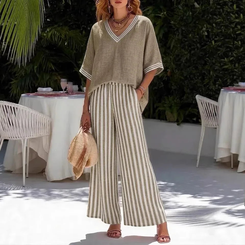 Women's Cotton Linen Two Piece Set Solid Top Striped Wide Leg Pants Contrast Casual Summer Beach Vacation Resort Outfit - Seldom Seen Styles
