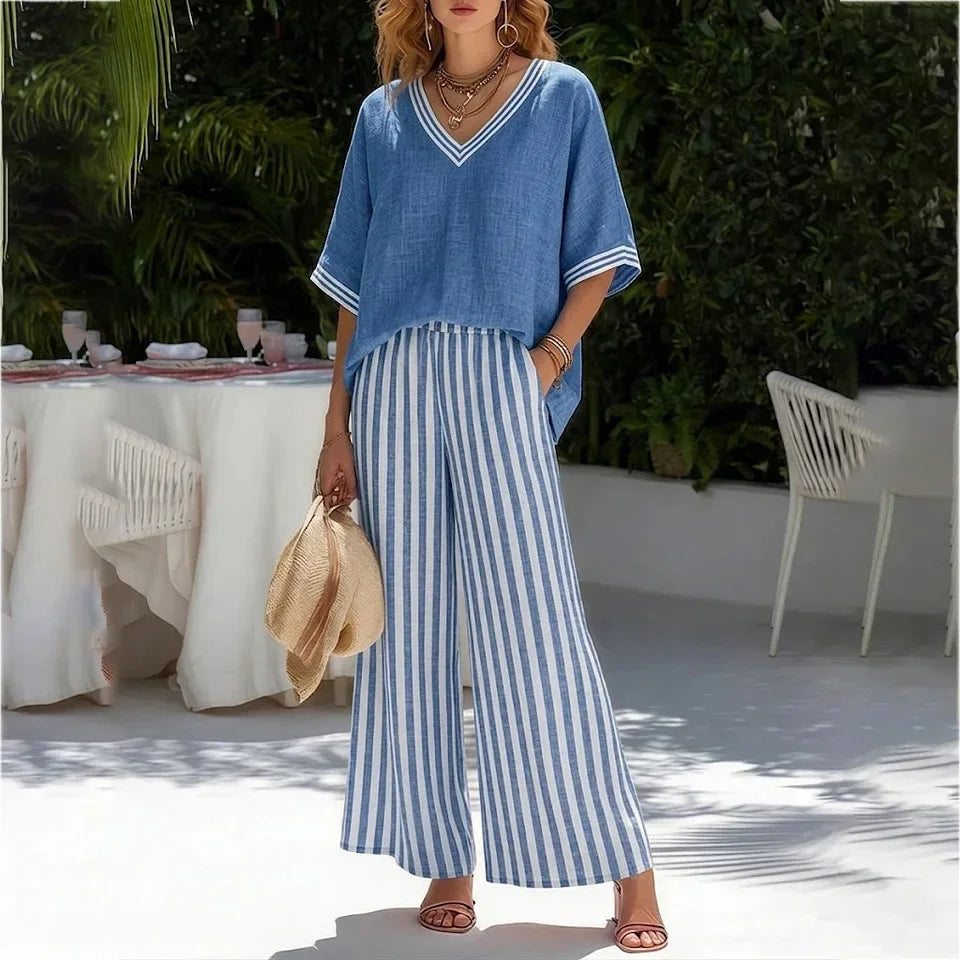 Women's Cotton Linen Two Piece Set Solid Top Striped Wide Leg Pants Contrast Casual Summer Beach Vacation Resort Outfit - Seldom Seen Styles