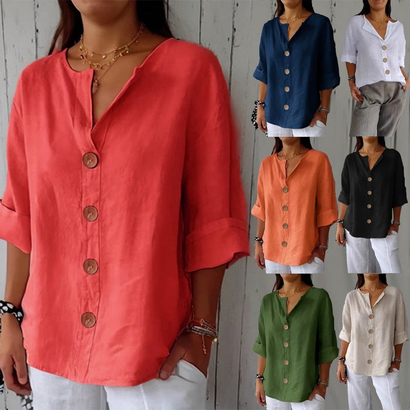 Women's Cotton Linen V-Neck Button Up Loose Shirt Casual Summer Beach Vacation Top - Seldom Seen Styles