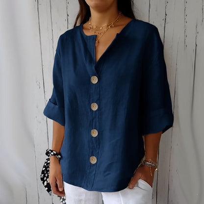 Women's Cotton Linen V-Neck Button Up Loose Shirt Casual Summer Beach Vacation Top