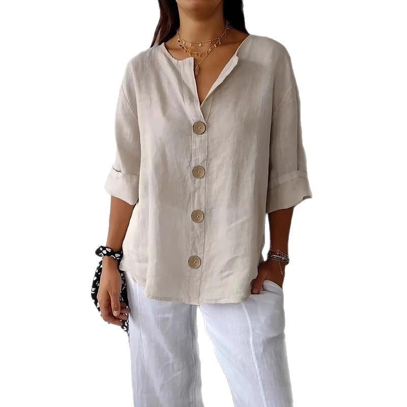 Women's Cotton Linen V-Neck Button Up Loose Shirt Casual Summer Beach Vacation Top - Seldom Seen Styles