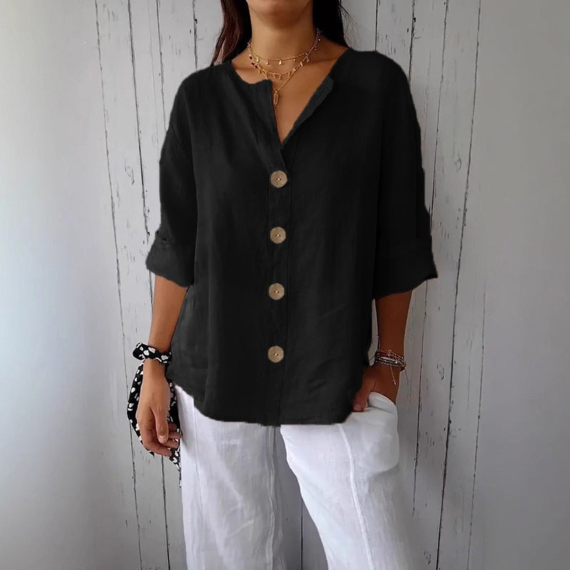 Women's Cotton Linen V-Neck Button Up Loose Shirt Casual Summer Beach Vacation Top - Seldom Seen Styles