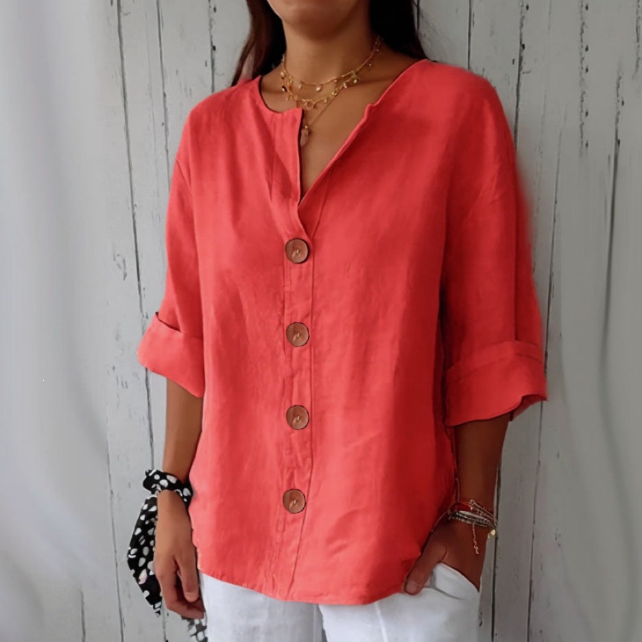 Women's Cotton Linen V-Neck Button Up Loose Shirt Casual Summer Beach Vacation Top - Seldom Seen Styles