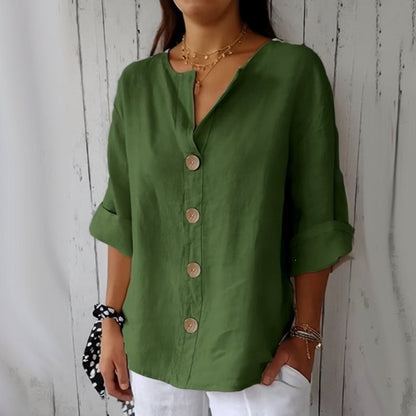Women's Cotton Linen V-Neck Button Up Loose Shirt Casual Summer Beach Vacation Top