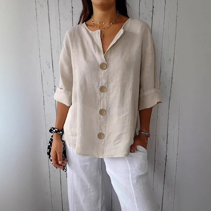 Women's Cotton Linen V-Neck Button Up Loose Shirt Casual Summer Beach Vacation Top