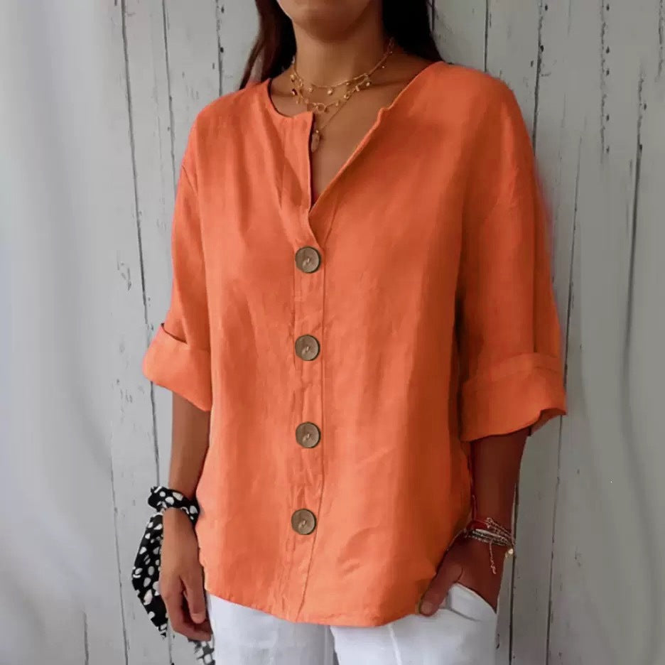 Women's Cotton Linen V-Neck Button Up Loose Shirt Casual Summer Beach Vacation Top - Seldom Seen Styles