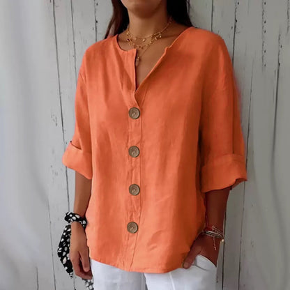 Women's Cotton Linen V-Neck Button Up Loose Shirt Casual Summer Beach Vacation Top