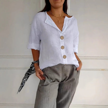 Women's Cotton Linen V-Neck Button Up Loose Shirt Casual Summer Beach Vacation Top