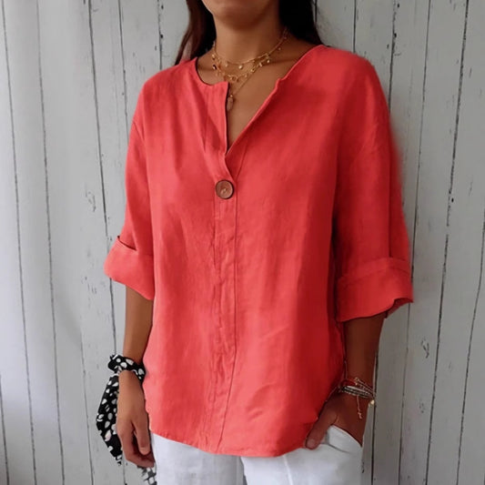 Women's Cotton Linen V-Neck Loose T-Shirt Button Detail Summer Casual Breathable Top Plus Size - Seldom Seen Styles
