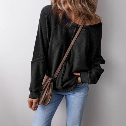 Damen-Pullover mit Waffelstrick, lässig, Rundhalsausschnitt, lange Ärmel, Rückennaht