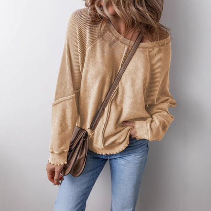 Damen-Pullover mit Waffelstrick, lässig, Rundhalsausschnitt, lange Ärmel, Rückennaht