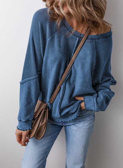 Damen-Pullover mit Waffelstrick, lässig, Rundhalsausschnitt, lange Ärmel, Rückennaht